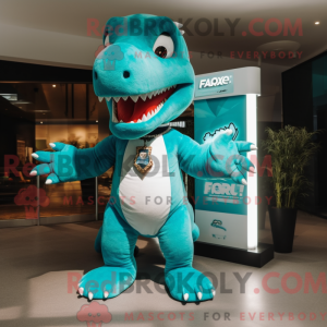 Turquoise T Rex mascot...