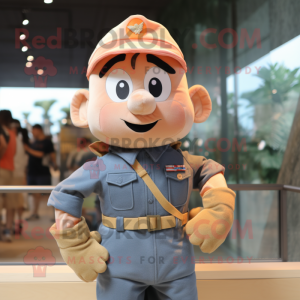 Peach American Soldier mascot costume character dressed with a Denim Shorts and Suspenders