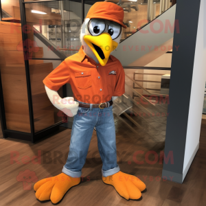 Orange Hawk mascot costume character dressed with a Mom Jeans and Tie pins