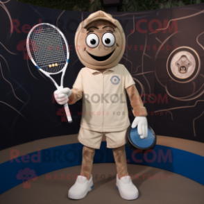 Tan Tennis Racket mascot costume character dressed with a Jeans and Rings