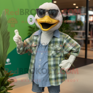 Green Goose mascot costume character dressed with a Chambray Shirt and Sunglasses