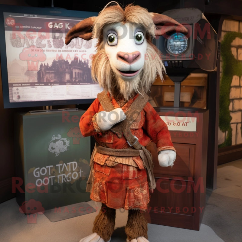 Rust Goat mascot costume character dressed with a Wrap Dress and Earrings