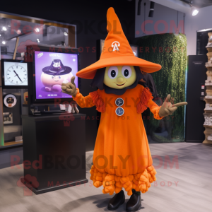 Orange Witch'S Hat mascot costume character dressed with a Midi Dress and Smartwatches