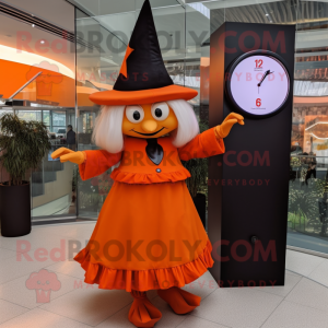 Orange Witch'S Hat mascot costume character dressed with a Midi Dress and Smartwatches