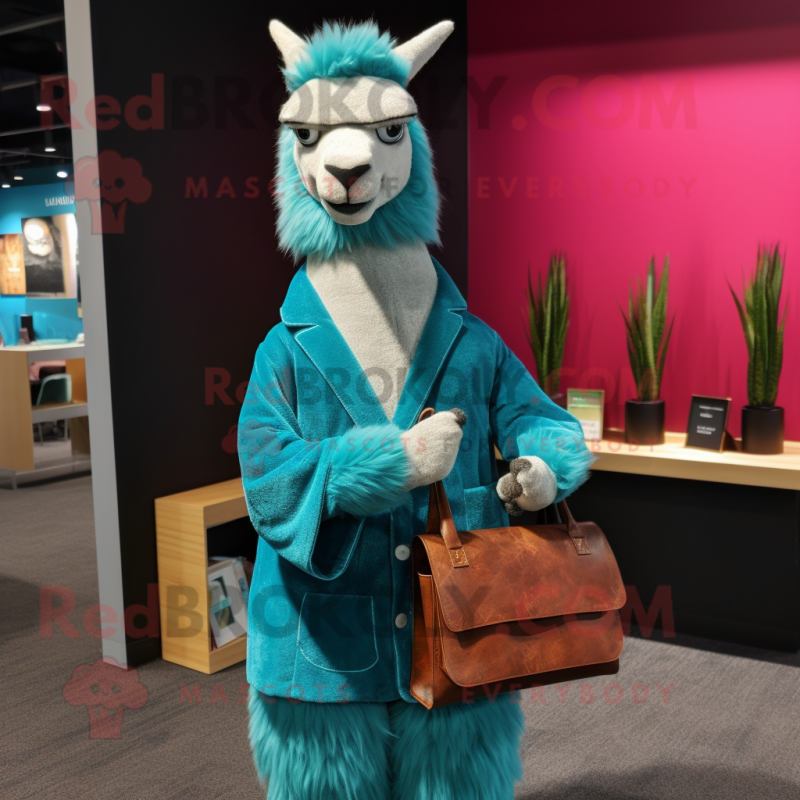 Teal Llama mascot costume character dressed with a Blazer and Clutch bags