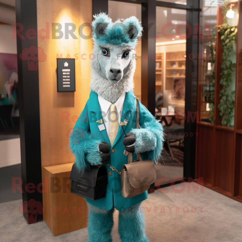 Teal Llama mascot costume character dressed with a Blazer and Clutch bags