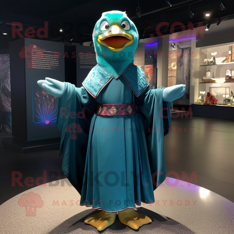 Teal Muscovy Duck mascot costume character dressed with a Mini Skirt and Shawls