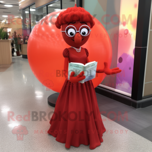 Red Meatballs mascot costume character dressed with a Ball Gown and Reading glasses