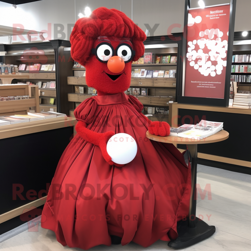 Red Meatballs mascot costume character dressed with a Ball Gown and Reading glasses