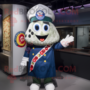 Navy Pizza Slice mascot costume character dressed with a Parka and Shawl pins