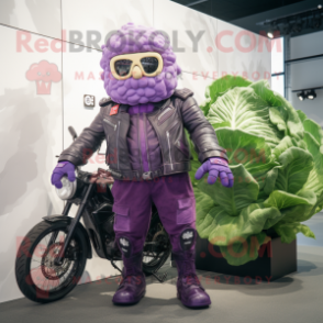 Purple Cabbage mascot costume character dressed with a Biker Jacket and Watches