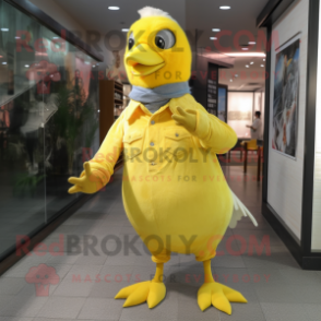 Yellow Pigeon mascot costume character dressed with a Flare Jeans and Wraps