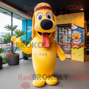 Geel hotdog-mascottekostuum...