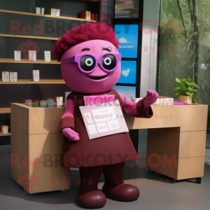 Magenta Chocolate Bar mascot costume character dressed with a Culottes and Reading glasses