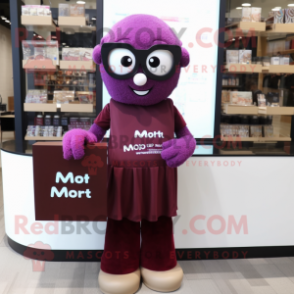 Magenta Chocolate Bar mascot costume character dressed with a Culottes and Reading glasses