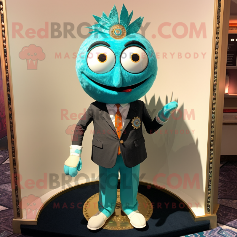 Turquoise Biryani mascot costume character dressed with a Suit and Tie pins