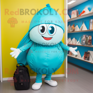 Cyan Shakshuka mascot costume character dressed with a Chinos and Handbags