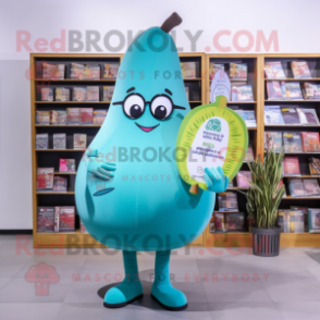 Turquoise Pear mascot costume character dressed with a Leggings and Reading glasses