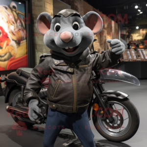 Gray Ratatouille mascot costume character dressed with a Biker Jacket and Brooches