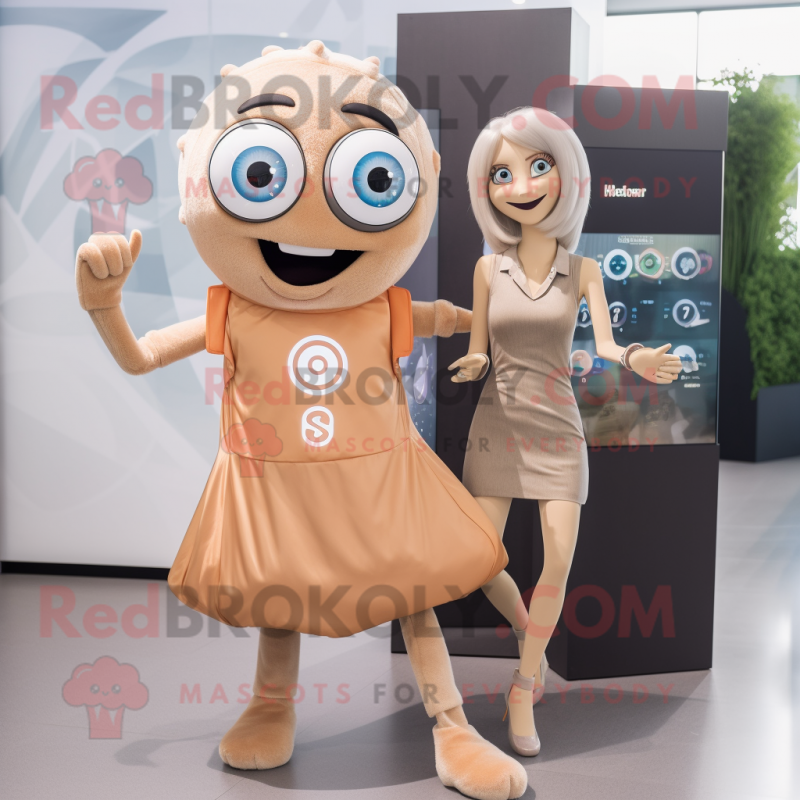 Tan Momentum mascot costume character dressed with a Cocktail Dress and Smartwatches