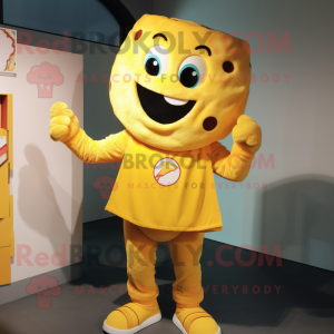 Yellow Pizza mascot costume character dressed with a Long Sleeve Tee and Belts