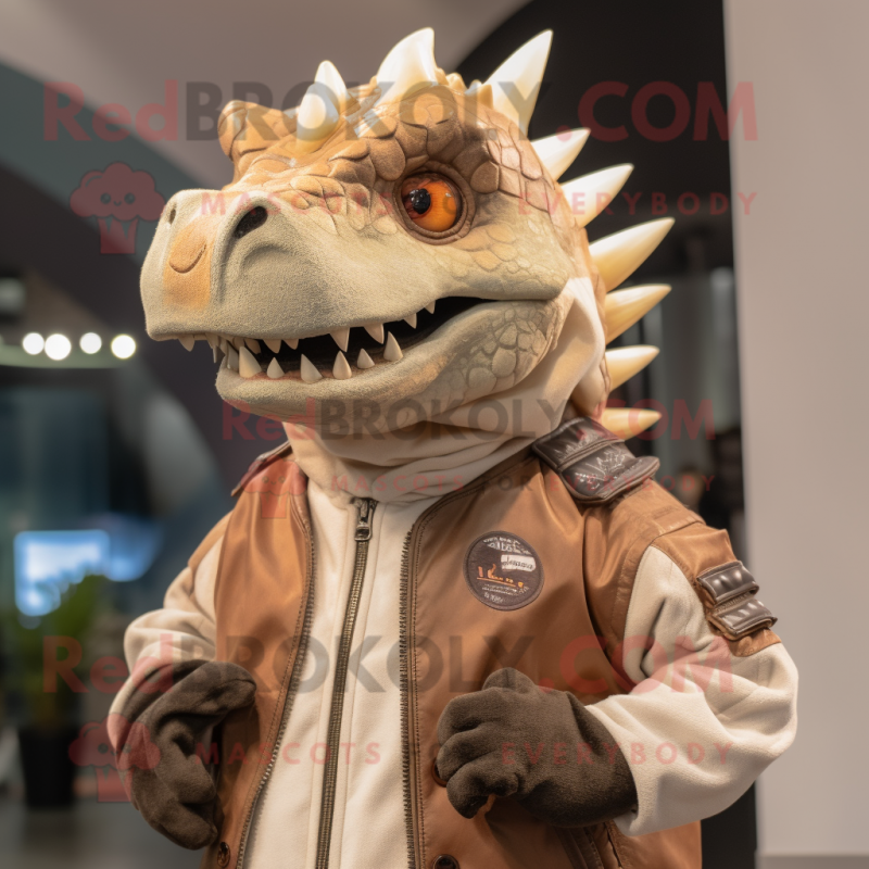 Tan Stegosaurus mascot costume character dressed with a Bomber Jacket and Shawls