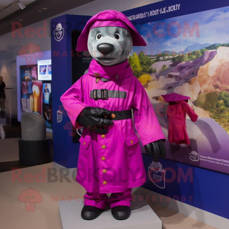 Magenta Navy Seal mascot costume character dressed with a Raincoat and Scarf clips