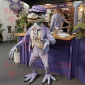 Lavender Velociraptor mascot costume character dressed with a Playsuit and Tie pins