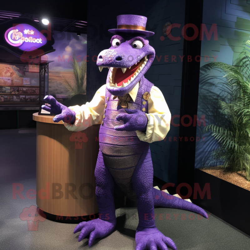 Purple Crocodile mascot costume character dressed with a Wrap Skirt and Cufflinks