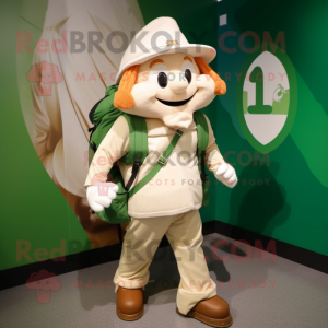 Cream Leprechaun mascot costume character dressed with a Windbreaker and Backpacks