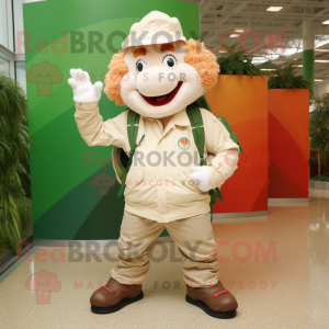 Cream Leprechaun mascot costume character dressed with a Windbreaker and Backpacks