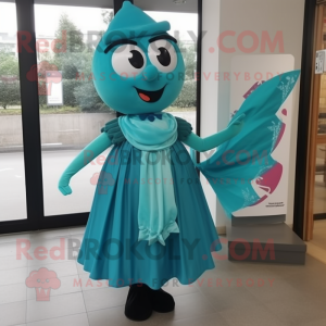 Teal Cherry mascot costume character dressed with a Midi Dress and Scarf clips