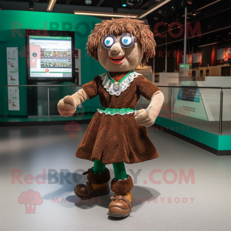 Brown Irish Dancing Shoes mascot costume character dressed with a Midi Dress and Reading glasses