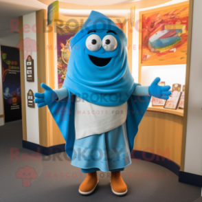 Sky Blue Fajitas mascot costume character dressed with a Cardigan and Shawls
