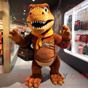 Hnědá postava maskota T Rex...