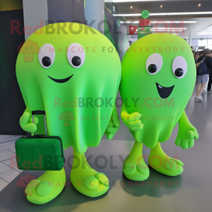 Lime Green Jellyfish mascot costume character dressed with a Midi Dress and Messenger bags