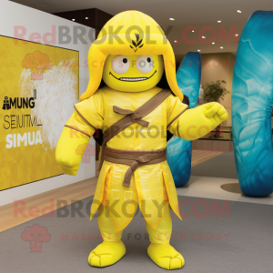 Yellow Samurai mascot costume character dressed with a One-Piece Swimsuit and Backpacks