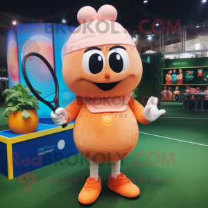 Peach Tennis Racket mascot costume character dressed with a Bodysuit and Beanies