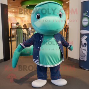 Green Blue Whale mascot costume character dressed with a Henley Tee and Rings