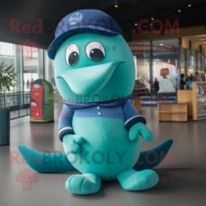 Green Blue Whale mascot costume character dressed with a Henley Tee and Rings