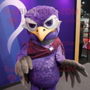 Purple Falcon mascot costume character dressed with a Cardigan and Wraps