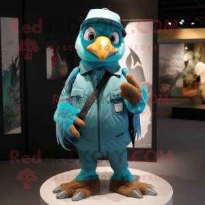 Cyan Hawk mascot costume character dressed with a Parka and Caps