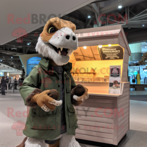 Beige Utahraptor mascot costume character dressed with a Parka and Keychains