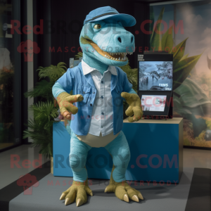 Cyan T Rex mascot costume character dressed with a Oxford Shirt and Anklets