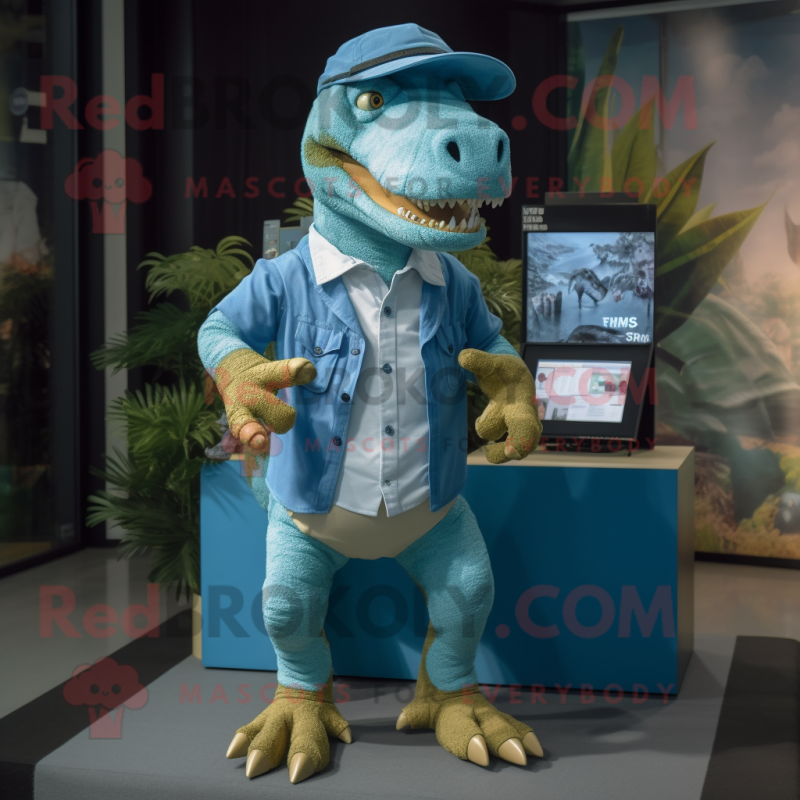 Cyan T Rex mascot costume character dressed with a Oxford Shirt and Anklets