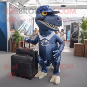 Navy T Rex mascot costume character dressed with a Bikini and Messenger bags