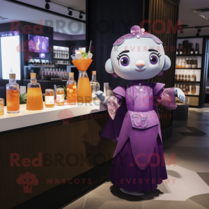 Purple Dim Sum mascot costume character dressed with a Cocktail Dress and Earrings