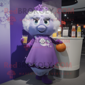 Purple Dim Sum mascot costume character dressed with a Cocktail Dress and Earrings