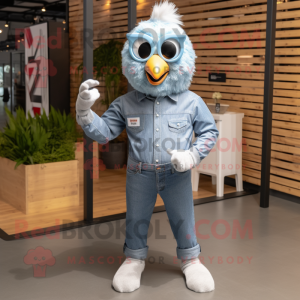 Silver Fried Chicken mascot costume character dressed with a Chambray Shirt and Bracelets