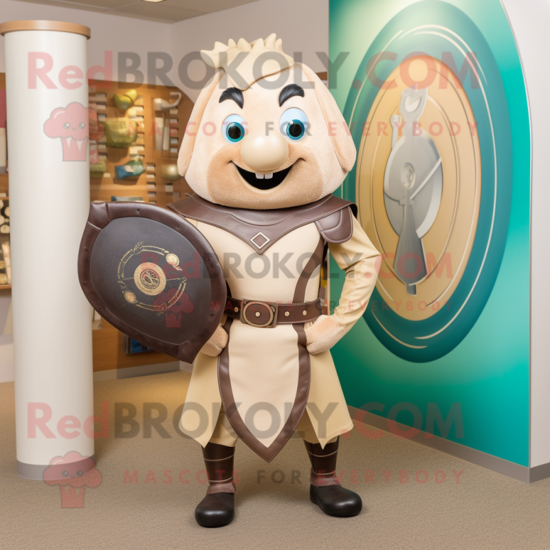 Tan Celtic Shield mascot costume character dressed with a Leggings and Wallets